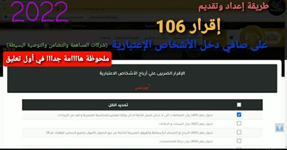 طريقة اعداد وتقديم اقرار 106 على صافي دخل الأشخاص الإعتبارية المؤيد بحسابات منتظمة